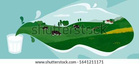 Glass of fresh milk from farm. Vector illustration of dairy splash with rural landscape, green hills, valley, cows on meadow and farmers cottage. Design with nature for milk packaging, banner, flyer.