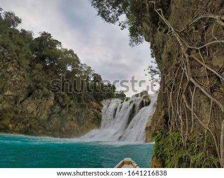 Unbelievable summer morning scene on the Waterfall (EL SALTO-EL MECO) san luis potosi Mexico,Colorful sunrise . Beauty of nature concept background.