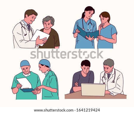Diverse people having a conversation in the hospital. Doctors and patients. hand drawn style vector design illustrations. 