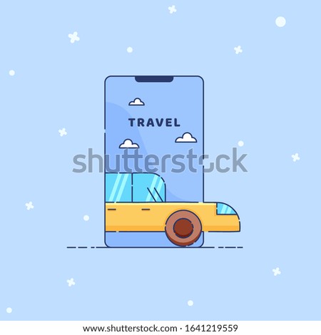Flat design vector illustration of a mobile phone with car illustration, traveling concept.