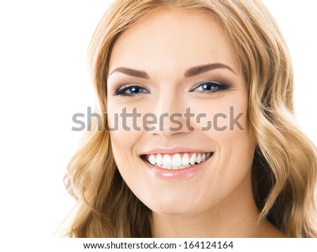 Portrait of young cheerful smiling woman, isolated over white background