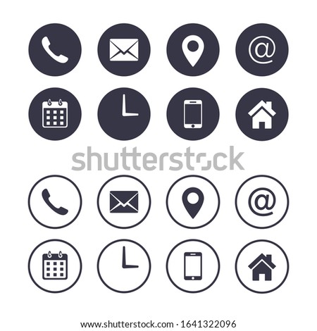 Contact icon set isolated on circle, Vector collection, flat design illustration. Business Calling card elements. Royalty-Free Stock Photo #1641322096