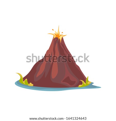 Cartoon hot volcano with magma and lava. Vulcano rock mountains icon isolated on white background. Vector illustration
