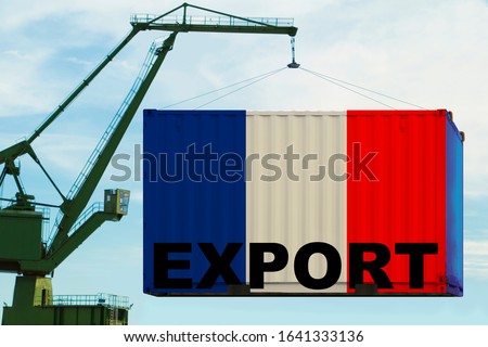 port crane holds a container with the flag of France, concept of shipping, distribution of goods in a global business