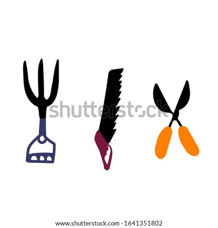 Vector stock illustration, set of kitchen-garden equipment. Tools and instruments for kailyard work. Rake, shovel, pitchfork. Colorful elements in cartoon style. 