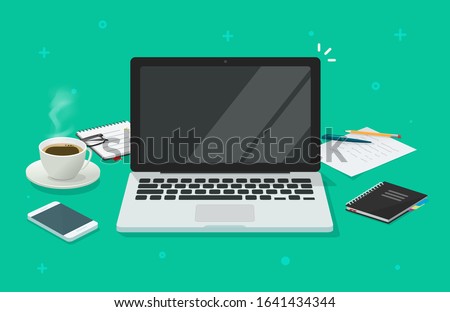 Computer laptop with blank empty screen for copy space text on working desk table or workplace vector illustration flat cartoon, pc with empty display work place office modern design   Royalty-Free Stock Photo #1641434344