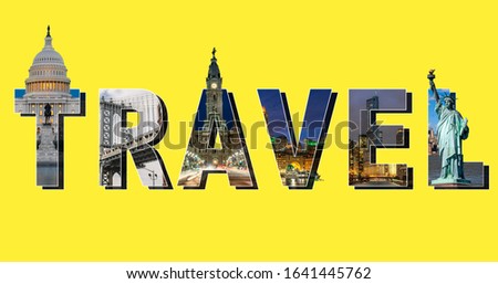 Travel text masking with USA East famous place on yellow background, Capitol Building Washington DC, Chicago, Fan Pier Boston, Philadelphia City Hall, Dumbo and Statue of Liberty New York city, 