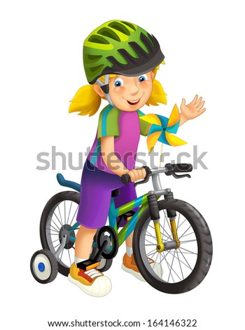 Cartoon girl riding bicycle - waving her hand - illustration for children