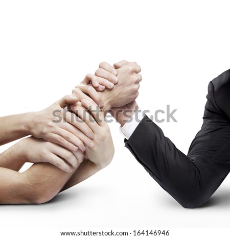 arm wrestling: businessman in opposition with many hands on white background