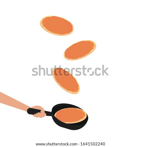 Pancakes toss in the pan. Damn in the air. Turn the pancake on the fly. Pan with pancake in different positions in space. Vector flat cartoon illustration. Concept: cooking, pancake day, Fat Tuesday. Royalty-Free Stock Photo #1641502240