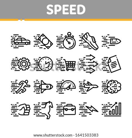 Speed Fast Motion Collection Icons Set Vector. Moving At High Speed Car And Air Plane, Rocket And Bullet, Running Human And Horse Concept Linear Pictograms. Monochrome Contour Illustrations