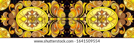 Illustration in stained glass style with floral ornament ,imitation gold on dark background with swirls and floral motif