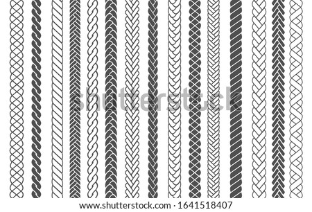 Textile braids. Braid and plait fashion patterns vector illustration for brushes, black braided threads or knitting ropes images seamless designs for fabric ornaments decoration Royalty-Free Stock Photo #1641518407