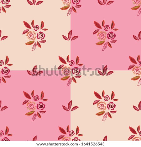 Seamless pattern. Cute rustic roses and leaves. Floral ornament in folklore style. Stylized for handmade and patchwork. Design for textile, paper, packaging, bedding. Vector illustration.