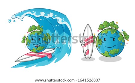 spring season. spring earth surfing on the waves cartoon and holding a surfboard. cute chibi cartoon mascot vector