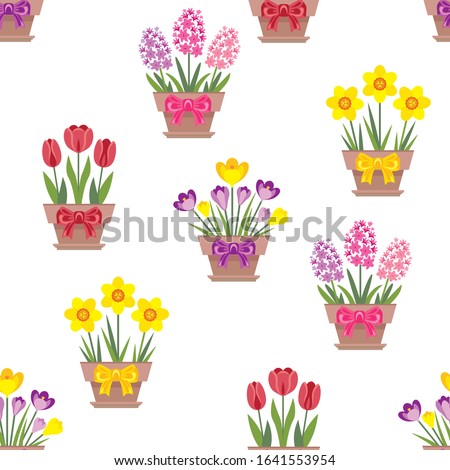 Tulips, daffodils, hyacinths and crocuses seamless pattern. Bright spring flowers in pots and bows isolated on white background. Vector floral holiday illustration in cartoon flat style.
