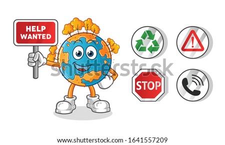 autumn season. autumn earth holding sign cartoon. including recycling sign, caution, stop, telephone. cartoon mascot vector
