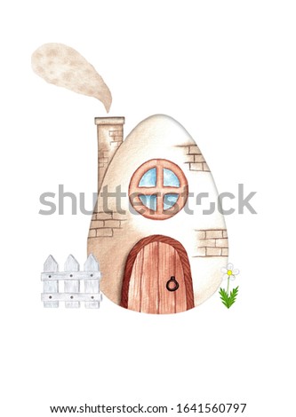 Egg house with fence and daisy, Watercolor illustration, Easter greeting, Imaginary house