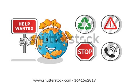 autumn season. autumn earth holding sign cartoon. including recycling sign, caution, stop, telephone. cute chibi cartoon mascot vector