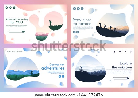Vector geometric background. Discovering, exploring, observing nature. Hiking, trekking, climbing. Adventure tourism and travel. Landing page templates set with clipping mask. Fluid, liquid concept
