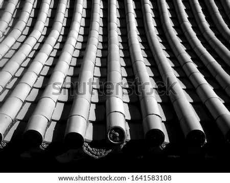 Close up beautiful traditional temple roof pattern. Asian style background (Black and white photo)