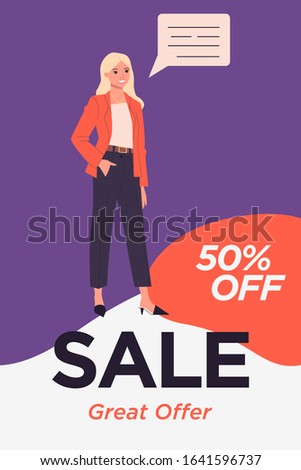 Company representative announcing sale. Great offer text, woman, speech bubble flat vector illustration. Retail, commerce, advertising concept for banner, website design or landing web page