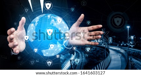 Cyber Security and Digital Data Protection Concept. Icon graphic interface showing secure firewall technology for online data access defense against hacker, virus and insecure information for privacy.