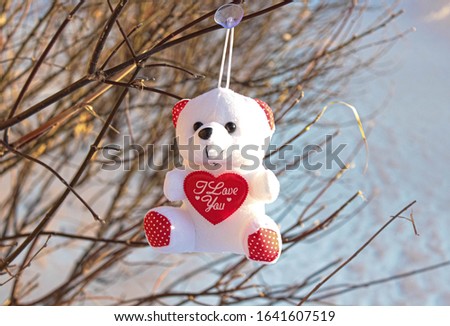 A Teddy bear with a heart in its hands is hanging on a tree branch. The gift of love.