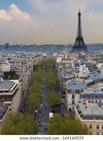 The Eiffel Tower and skyline of Paris, France shot from the Arc de Triomphe.