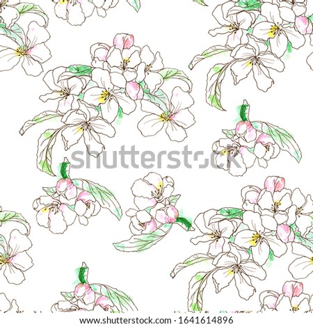 Seamless watercolor pattern with cherry flowers on a white background.
