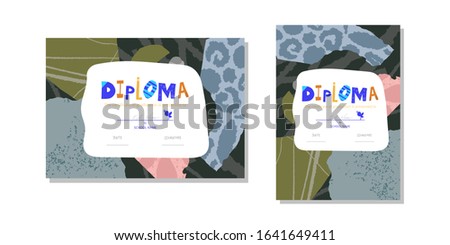 Horizontal and vertical Diploma template for kids. Modern colorful Vector illustration template certificate background with hand drawn letters of Preschool school, preschool or playschool. 
