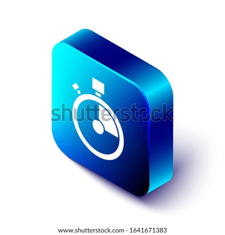 Isometric Fast time delivery icon isolated on white background. Timely service, stopwatch in motion, deadline concept, clock speed. Blue square button. Vector Illustration