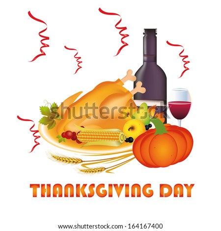 a lot of food with wine for thanksgiving day