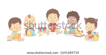 Cute babies are playing with a bucket and a shovel, a bear, reads a book, builds a pyramid. Vector illustration on a white background.