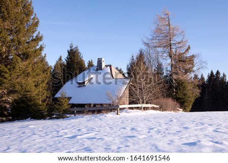 Snowy roof of traditional wooden mountain rustic house with chimney on wood edge in winter sunny day. Black Forest, Germany. 
