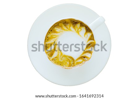 hot latte coffee photography in a vintage white coffee cup with latte art coffee flat lay top view isolated on white background with clipping path