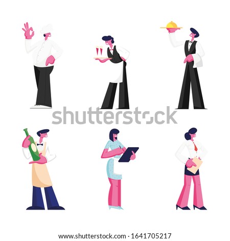Set of Restaurant Staff Isolated on White Background. Male and Female Characters in Uniform Chef Gesturing Ok Sign, Waiters with Meals and Drinks, Girl Administrator. Cartoon Flat Vector Illustration