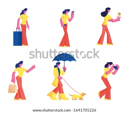 Set of Female Characters Wearing Casual Clothes Walking with Dog in Rainy Weather, Eating Ice Cream, Travel with Luggage, Photographing Isolated on White Background. Cartoon Flat Vector Illustration