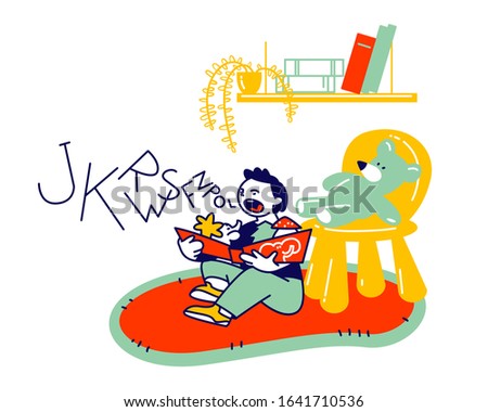 Little Boy Sitting on Floor Trying to Read Book. Logopedy Lesson, Kid Learning to Speak Correctly. Toddler with Dyslexia Practicing Pronunciation of Different Sounds. Cartoon Flat Vector Illustration