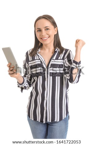Happy woman with tablet computer on white background