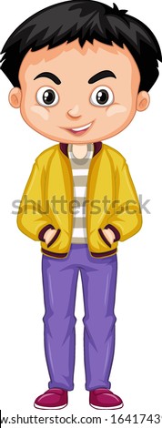 Happy boy wearing yellow jacket on white background illustration