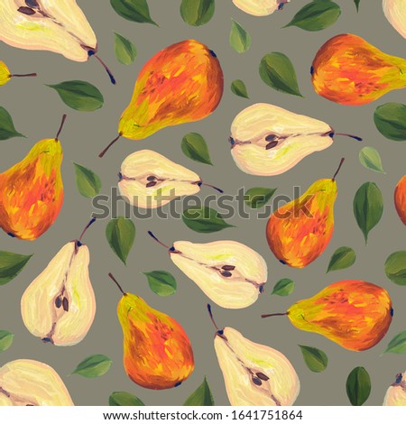 Yellow and orange pears whole and cutaway seamless pattern on a grey background. Hand drawn in gouache. Juicy and mouth-watering pattern, design for wallpapers, fabrics, textiles, packaging.