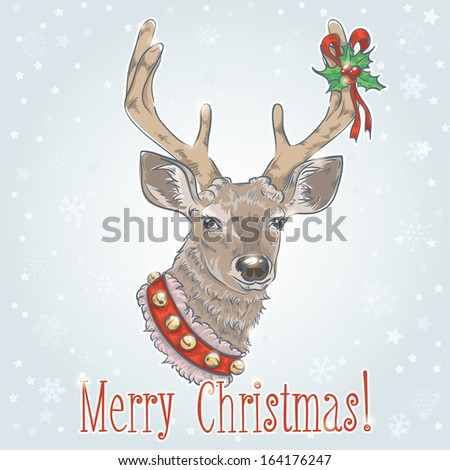 Christmas vintage postcard with cheerful Santa deer