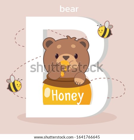 The character of cute bear sitting in the honey jar and the font of B with bee in flat vector style. Illustration about education with animal theme.