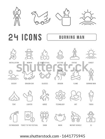 Set vector line thin icons of burning man in linear design for mobile concepts and web apps. Collection modern infographic pictogram and signs.
