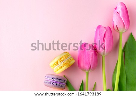 Spring. Spring concept - pink tulips with macaroons. Flowers, a place for copywriting. Background screensaver with tulips. Mothers Day. Valentine's Day. March 8. Women's Day. Holiday card with flowers