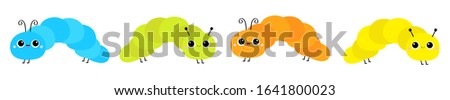 Cute crawling catapillar bug set line. Cartoon funny kawaii baby animal character. Caterpillar insect icon. Colorful bright yellow blue green orange color. Flat design. White background. Vector