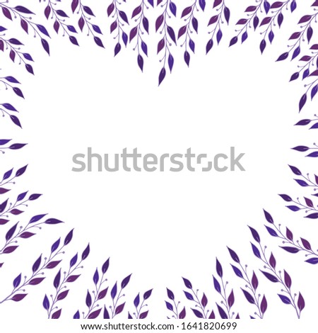 Vector romantic frame in the shape of a heart made of stylized purple twigs. For love cards, greetings, weddings, Valentine's Day. Wall sticker, cover. For various printing and design.