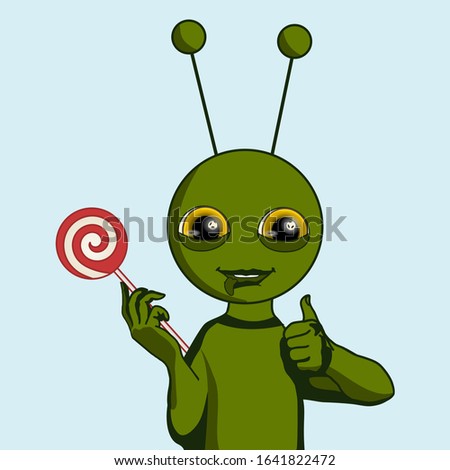 emoji with cool happy smiling alien with protruding tongue holds a lollipop and showing a thumbs up gesture, color vector emoticon