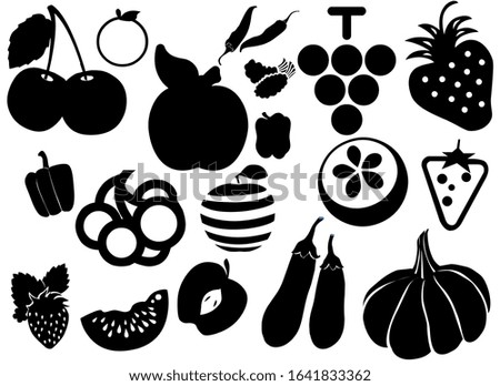 A lot of mix vegetables and fruits icons with black colour on white background